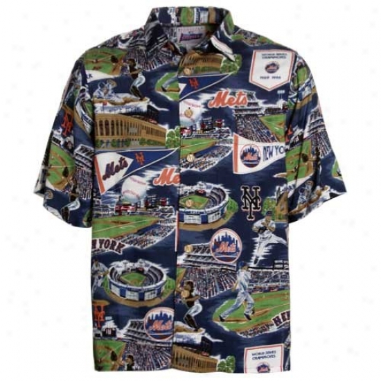 New York Mets Polos : Reyn Spooner Nee York Mets Royal Blue Scenic Print Hawaiian Shirt