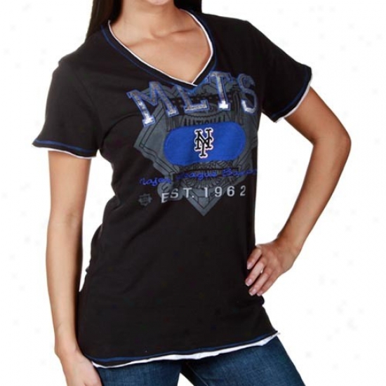 New York Mets T Shirt : Majestic New York Mets Ladies Black Nice Hit Fashion V-neck Premium T Shirt