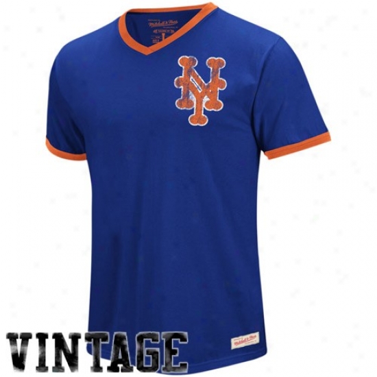 New York Mets T-shirt : Mitchell & Ness New York Mets Royal Blue No Hitter Premium V-neck Ringer T-shirt