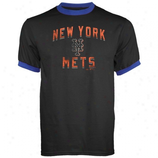 New York Mets Tshirt : Majestic New York Mete Black Cooperstown Classic Logo Ringer Tshirt