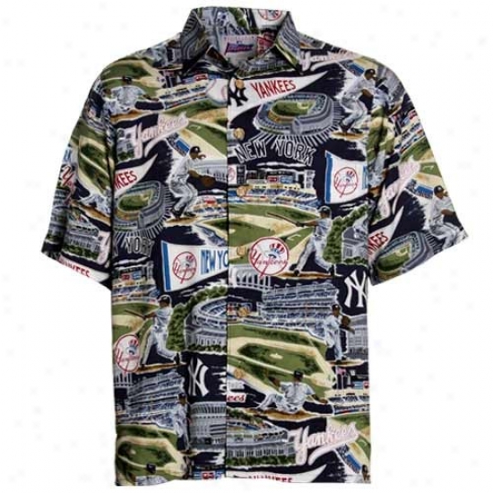 New York Yankees Polo : Reyn Spooner New York Yankees Navy Bule Scenic Print Hawaiian Shirt