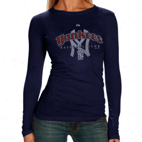New York Yankees Shirts : Majestic New York Yankees Ladies Ships Blue Cooperstown Circus Catch Long Sleeve Shirts