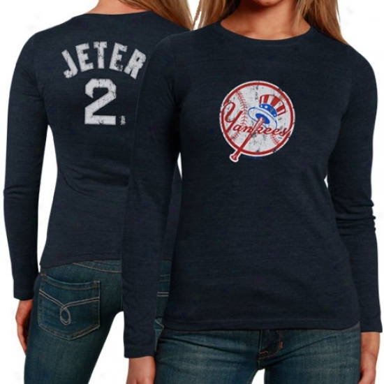 New York Yankees Tee : New Yoro Yanmees #2 Derek Jeter Ladies Navy Blue Player Long Sleeve Triblend Tee
