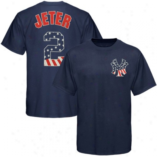 New York Yankees Tshirt : Majestic New York Yankees #2 Derek Jeter Navy Blue Stars & Stripes Player Tshirt