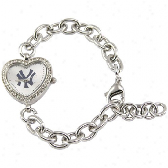 New York Yankees Wrist Watch : New York Yankees Ladies Silver Heart Wrist Watch