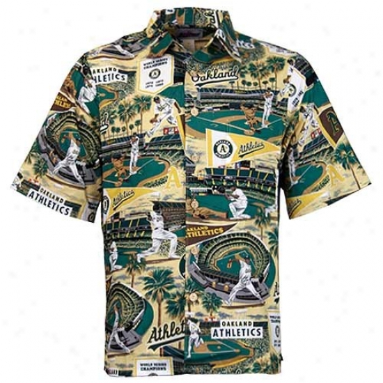 Oakland Athletics Polos : Reyn Spooner Oakland Athleics Green Scenic Print Hawaiian Shirt