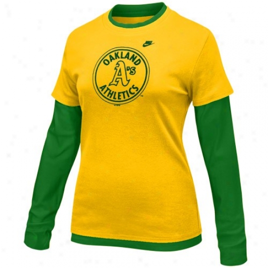 Oakland Athletics Tees : Nike Oakland Athletics Ladies Gold-green Cooperstown Layered Long Sleeve Tses