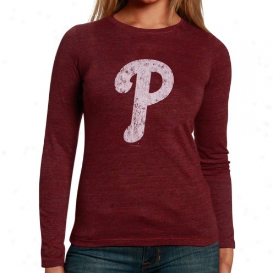 Philadelphia Phillies Shirts : Philadelphia Phillies Ladies Maroon Distressed Logo Triblend Long Sleeve Shirts
