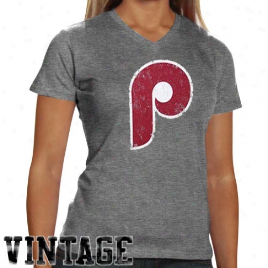 Philadelphia Phillies T Shirt : Philadelphka Phillies Ladies Ash Triblend V-neck Vintage T Shirt