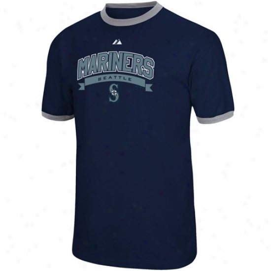 Seattle Mariners Shirts : Majestic Seattle Mariners Navy Blue Elegant Club Ringee Shirts