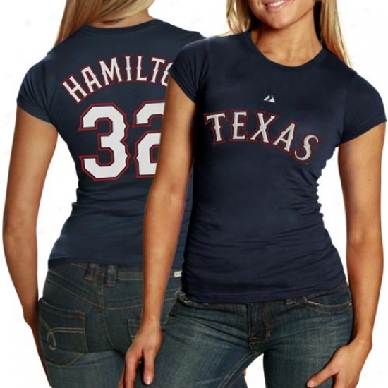 Texas Rangers T-shirt : Majestic Texas Rangers #32 Josh Hamilton Ladies Navy Livid Gamester T-shirt