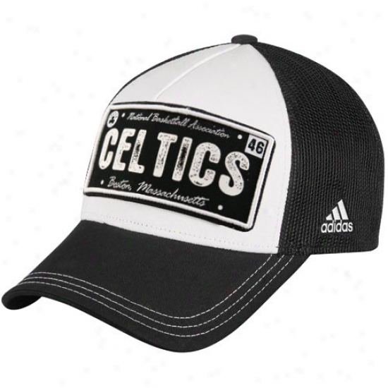Boston Celtic Cap : Adidas Boston Celtic Black-white Plate Mesh Back Adjsutable Trucker Cap