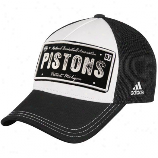 Detroit Piston Gear: Adidas Detroit Piston Black-white Plate Mesh Back Adjustable Trucker Hat