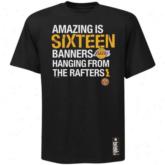 Los Angeles Lakers T-shirt : Majestic Los Angeles Lakers Black 2010 Nba Champions Espn Hanging Banners T-shirt