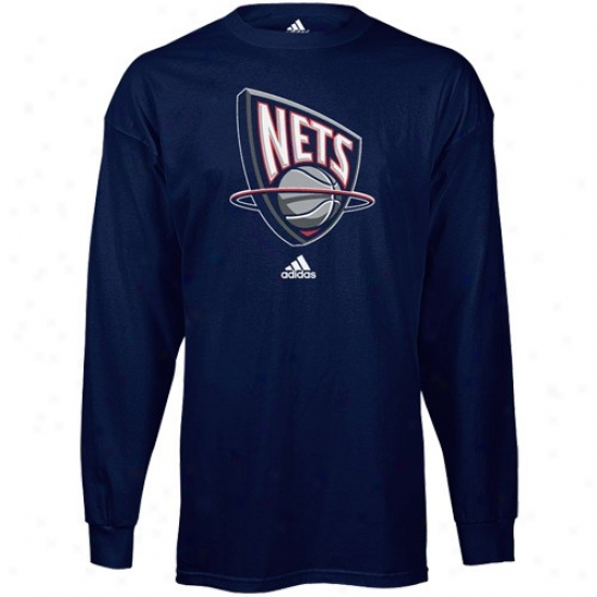 New Jersey Nets T-shirt : Adidas New Jersey Nets Navy Blue Primary Logo Long Sleeve T-shirt