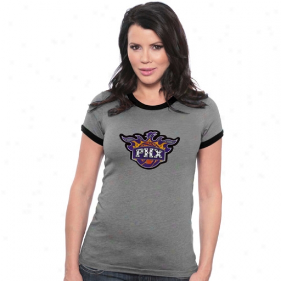 Phoenix Suns T-shirt : Majestic Threads Phoenjx Sums Charckal Ladies Swarovski Crystal Melange Ringer T-shirt