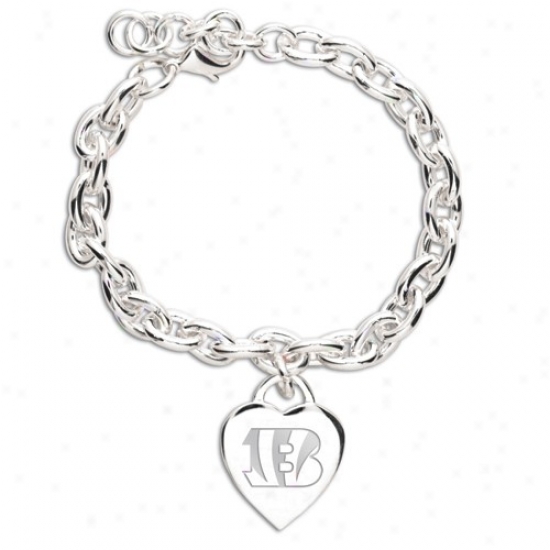 Cincinnati Bengals Ladies Silver Heart Charm Bracelet
