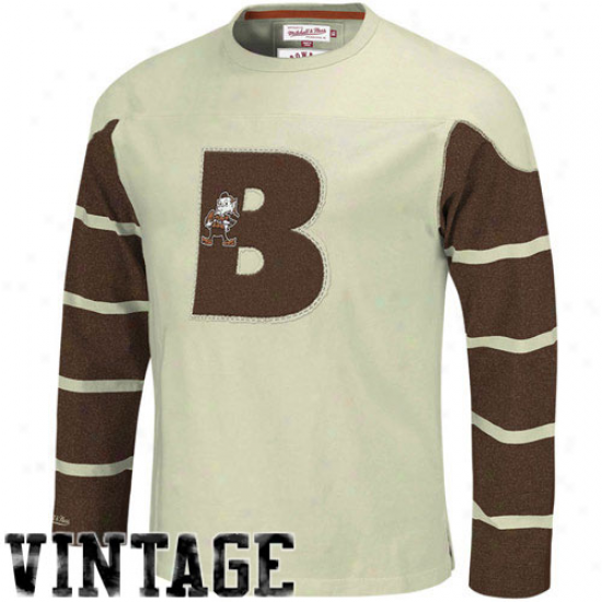 Cleveland Browns T Shirt : Mitchell & Ness Cleveland Browns Cream Gridiron Vintage Extended Sleeve T Shirt