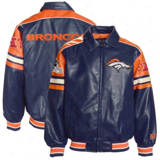 Denver Bronco Jackets : Denver Bronco Navy Blue Pleather Varsity Full Zip Jackets