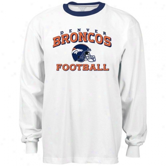Denver Broncos Attire: Reebok Denver Broncos White Stacked Helmet Long Sleeve Rlnger T-shirt