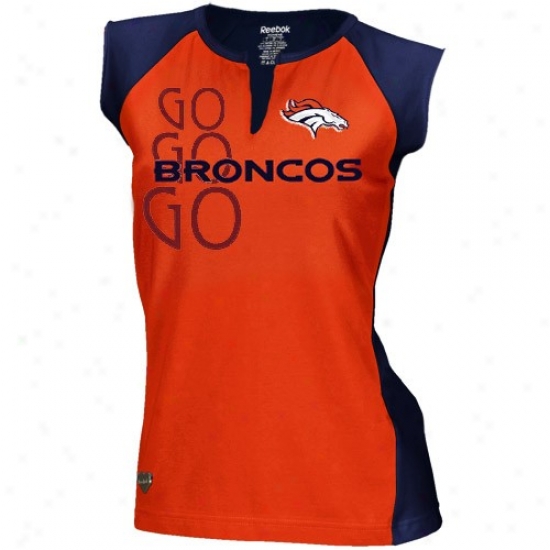Denver Broncos Shirt : Rrebok Denver Broncos Ladies Orange-navy Blue Two-toned Sppit Neck Shirf