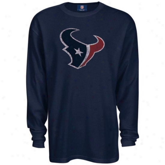 Houston Texan T-shirt : Reebok Houston Texan Navy Blue Faded Logo Long Sleeve Thermal T-shirt