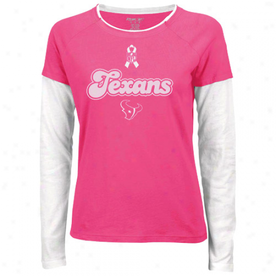 Houston Texan Tees : Reebok Houston Texan Ladies Scallop Breast Cancer Awareness Script Long Sleeve Layered Tees