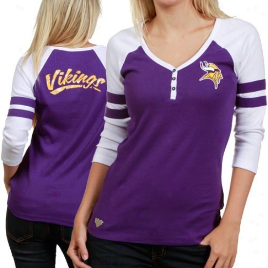 Minnesota Vikings Tshirts : Reebok Minnesota Vikings Ladies Purple-white 3/4 Sleeve Henley Thsirts