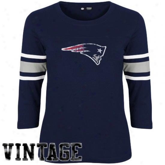 New England Patriot Tshirt : New England Patriot Ladies Navy Blue Devoted Fan Vintage 3/4 Sleeve Premium Tshirt