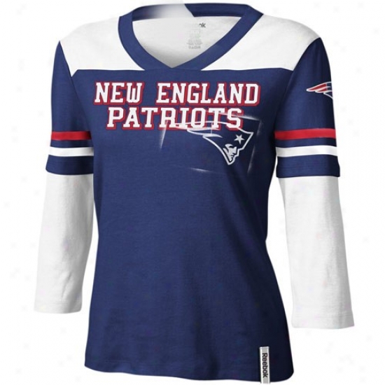 New England Patriots Tee : Reebok New England Patriots Ladies Navy Blue Statement Double Layer 3/4 Length Sleeve Premium Tee