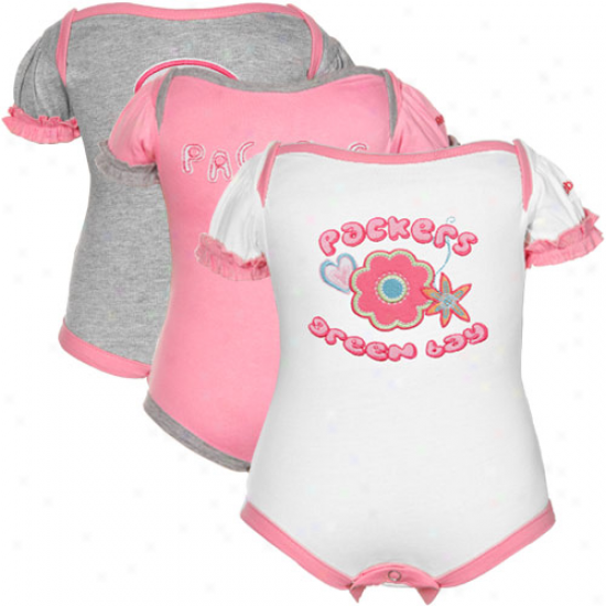 Reebok Green Bay Packers Infant Girls Pink, White & Ash Three-piece Creeper Set