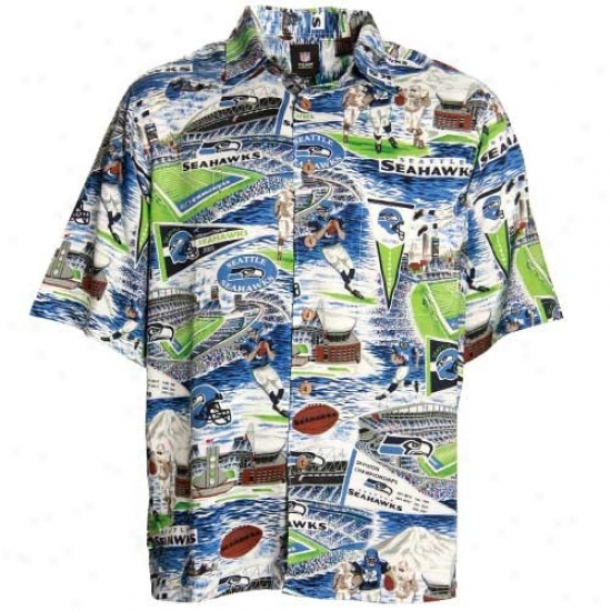 Seattle Sea Cry Golf Shirt : Reyn Spooner Seagtle Sea Hawk Pacific Blue Scenic Print Hawaoian Button-up Shirt