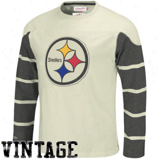 Steelers Attire: Mitchell & Ness Steelers Cream Gridiron Vintage Long Sleeve T-shirt