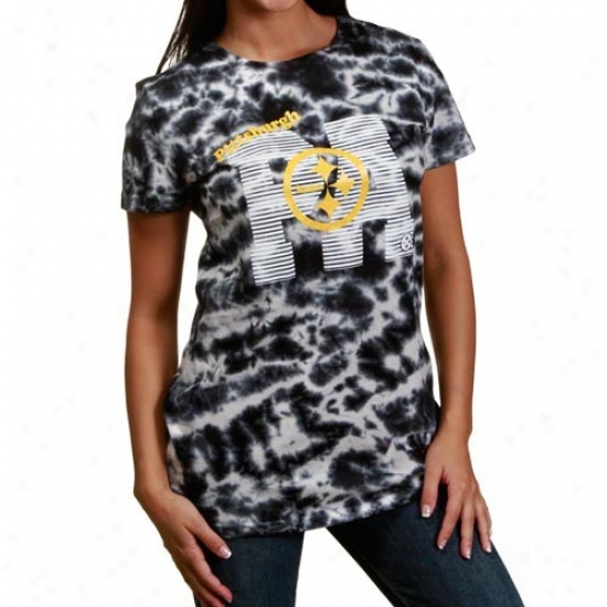 Steelers Tshirt : Reebok Steelers Black Tie-dye Letters Diva Soft Premium Tshirt
