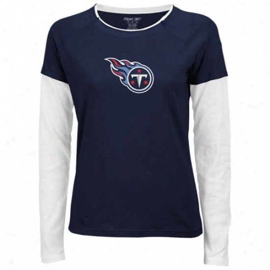 Titans Shirts : Reebok Titans Ladies Navy Blue-white Logo Premier Doubel Layer Long Sleeve Shirts