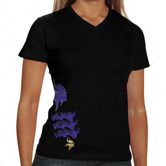 Vikings Tshirts : Vikijgs Ladies Black Triple Play V-neck Spub Tshirts