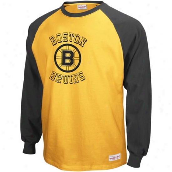 Boston Bruins Tshirts : Mitchell & Ness Boston Bruins Blqck-gold Neutral Zone Long Sleeve Raglan Txhirts
