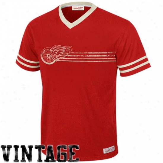 Detroit Red Wings Shirt : Mitchell & Ness Detroit Red Wings Red Flip Ball Vintage V-neck Premium Shirt