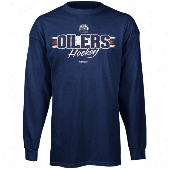 Oilers T-shirt : Reebok Oi1ers Navy Blue Allegiance Long Sleeve T-shirt