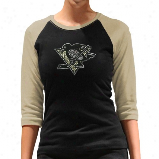 Pittsburgh Penguin Shirt : Pittsburgh Penguin Ladies Black-gold Rhinstone 3/4 Sleeve Raglan Premium Shirt