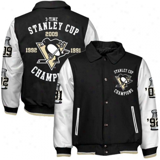Pittsburgh Penguins Jackets : Pittsburgh Penguins 2O09 Nhl Stanlet Cup Champions Black Wool-leather 3-time Champs Varsity Jackets